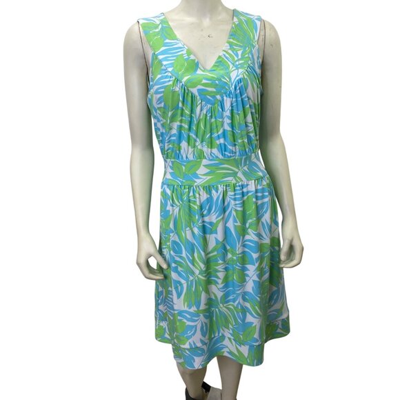 The Paragon Sleeveless Green & Blue Leaf Print Summer Dress With V-Neckline ‎ L - Picture 1 of 9